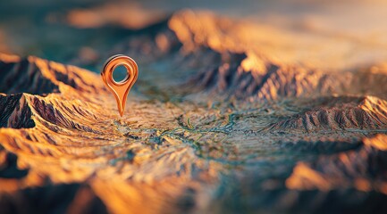 Textured terrain with soft sunset light and a metal pinpoint location marker