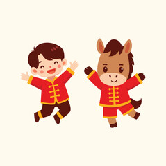 Happy Boy  Horse in Chinese New Year Outfits Jumping Joyfully