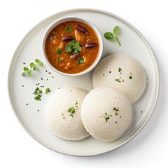Traditional South Indian Idli Breakfast, Top View, Fresh Idli Indian Dish Isolated on White Background