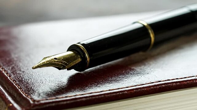 A close-up shot of a pen on a leather-bound journal, with details of both the pen and notebook visible