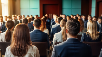 Obraz premium Business people sitting in a conference room facing the speaker in front