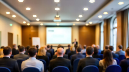 Blurry image of a large group of businesspeople sitting in a conference room listening to a presentation on a projector screen