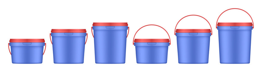 Blue plastic buckets with red handle and lid. Vector mockup of a food or building mixtures packaging. A bucket of paint or putty. Small, medium and large sizes