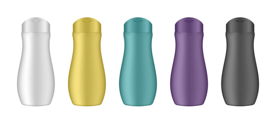 Set of white, gold, teal, purple, and black cosmetic bottles. Realistic mockup. Korean packaging. Lotion or shower gel. Conditioner or hair mask