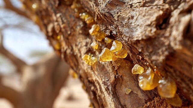 boswellia. Close-up of a tree trunk with golden resin droplets glistening in sunlight. gardening catalogs, home-decor guides, designed for home decor and floral branding, used by hr managers.