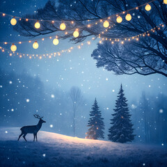 Christmas night with deer in snowy forest. Festive lights and winter trees. Magical new year scene
