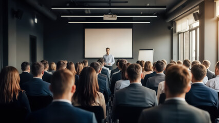 Businessman giving a presentation to a large audience in a conference room with a projector screen on the wall