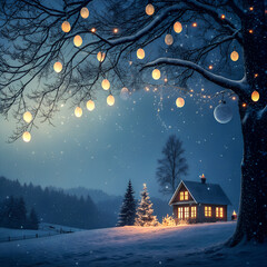 Winter night scene with a cozy cabin under snow-laden trees adorned with glowing string lights