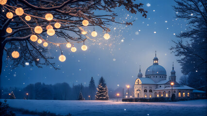 Snowy winter landscape featuring a grand church illuminated by streetlights under glowing tree lights