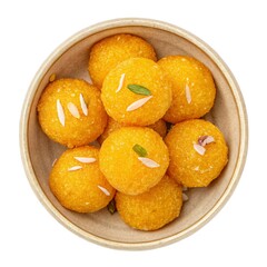 Traditional Indian Motichoor Laddu Served in Bowl, Overhead View
