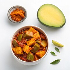 Traditional Indian Mango Pickle Served in Bowl, Overhead View, Homemade Mango Pickle in Bowl, Flat Lay