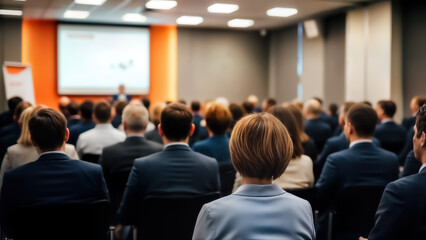 Fototapeta premium Business professionals attentively listening to a presentation in a conference room with a speaker at the front