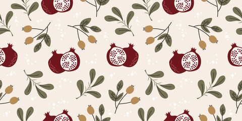 Hand drawn botanical festive pattern with pomegranate and berries.