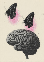 Brain butterfly surreal halftone retro vintage collage illustration pink black conceptual brain surreal halftone retro vintage collage illustration with fluttering butterfly pair and soft pink