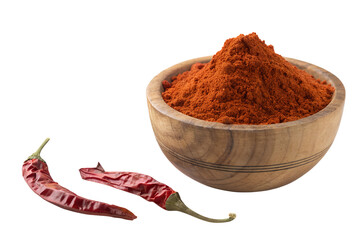 Ground Red Chili Powder in Wooden Bowl with Dried Chilies Isolated on White - Spicy Paprika Cayenne Pepper Seasoning Stock Photo