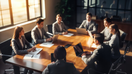 Business team meeting in a modern office with colleagues discussing papers and using laptops around a wooden conference table
