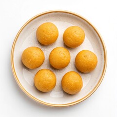 Traditional Indian Laddoo Sweets on Plate, Overhead View, Classic Indian Laddoo Dessert Plate, Top View.