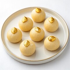 Traditional Indian Laddoo Sweets on Plate, Overhead View, Classic Indian Laddoo Dessert Plate, Top View.