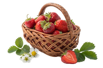 Fresh Strawberries in Wicker Basket with Leaves and Flowers Isolated on White - Ripe Red Berry Fruit Summer Harvest Stock Photo