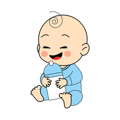 Laughing Baby With Bottle. Cute Illustration For Nursery Decor And Baby Products.