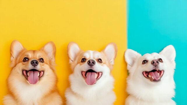 Three happy corgi dogs with tongues out against split yellow and cyan backdrop, capturing pure joy and playful energy