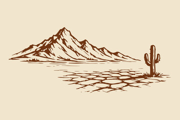 Desert landscape with cactus vintage sketch vector illustration