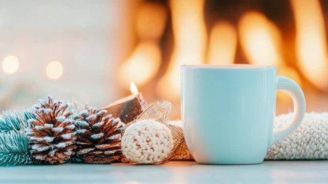 Cozy winter scene with warm beverage beside crackling fireplace and festive decorations