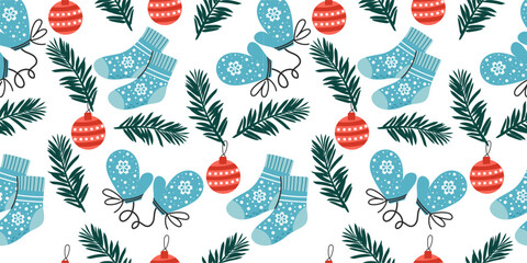 Seamless winter vector pattern with socks, christmas tree balls, mittens, fir tree branches. 