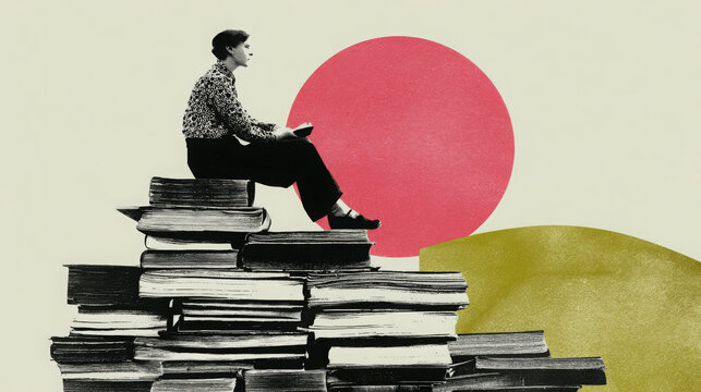 Person sitting on book pile retro collage vintage art surreal scene reading concept education literature knowledge learning imagination contemplation