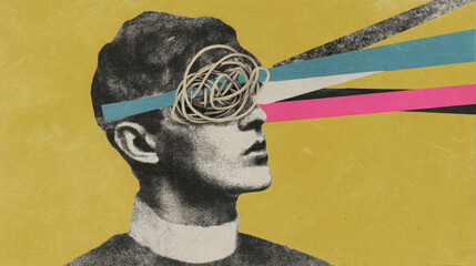 Surreal collage portrait confusion anxiety mental health concept knot of thoughts abstract mind vision colorful stripe retro style