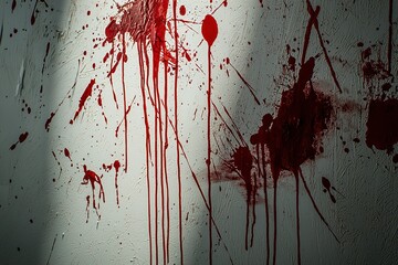 Red stains cover white wall, creating stark contrast. marks appear as if they were made with great force. Light from window adds clarity to scene