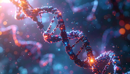 Close up of DNA strand repaired by nano scale robotic arms with shining molecular light FX detail 3D