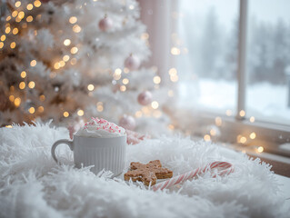 Cozy White Christmas concept. Hot cocoa cup on soft window seat with illuminated tree background. Winter holiday relaxation with sweet treats.