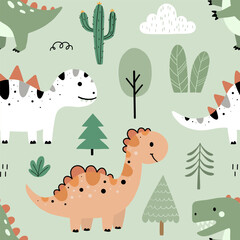 Cute seamless pattern with dinosaurs, cactus, and trees on light green background for kids and nursery wallpaper. Vector illustration