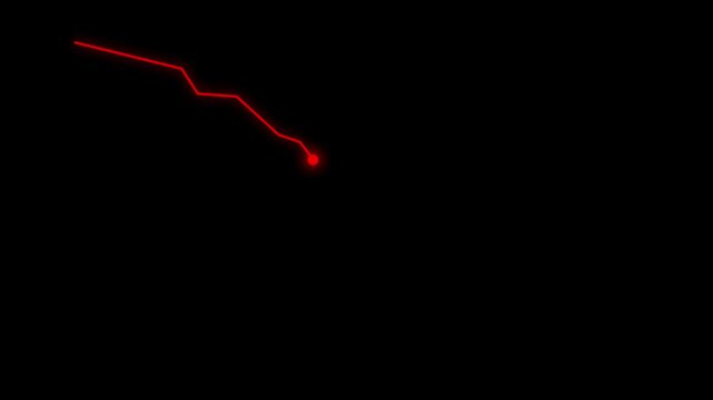 Animated financial economic fall graph with flashing red trend line on black chroma key alpha channel background