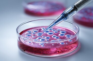 Pipette tip places liquid into petri dish filled with pink and blue cells on a light background