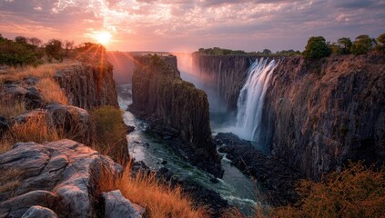 Stunning sunset over dramatic waterfalls in nature landscape.