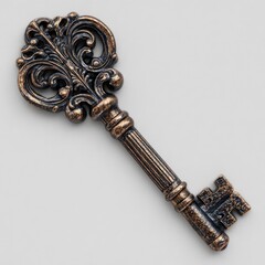 Antique bronze-colored key with ornate swirling designs against a soft grey backdrop