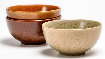 Stacked earthy ceramic bowls, tan, brown, on a white background, illuminated with soft lighting