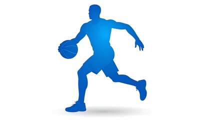 Blue silhouette of a basketball player dribbling the ball