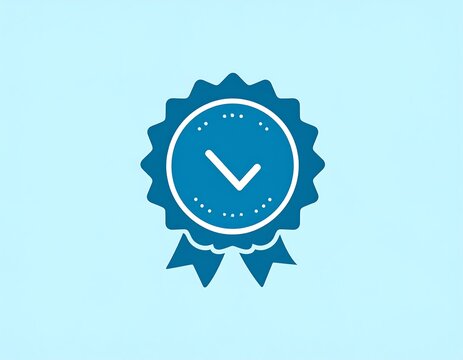 Blue rosette icon with checkmark inside and ribbons against blue backdrop