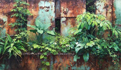 Rusting metal backdrop with vibrant green plants and lush vegetation.