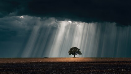 Dramatic landscape with sun rays piercing dark storm clouds, spotlighting a lone tree in a field