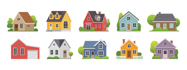 Isolated Cartoon Suburban Houses Set, Simple Residential Homes Concept for Real Estate, Property Ownership and Housing Illustration