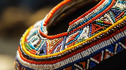 zulu. Close-up of a traditional Zulu beaded necklace, intricate colorful patterns, soft studio lighting. event programs, museum guides, designed for cultural heritage projects and event programs.