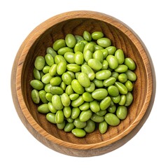 Green Soybeans in Wooden Bowl Isolated on White Background