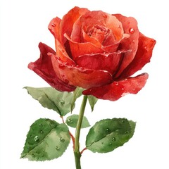 Watercolor painting of a red rose with green leaves and water droplets, isolated on a white background