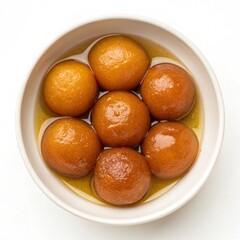 Gulab Jamun Delight Served in Bowl, Top Angle, Traditional Indian Sweet Gulab Jamun Isolated on White