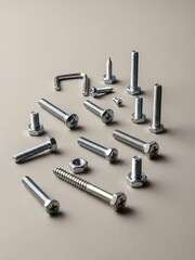 Collection of shiny metal bolts, screws, and an Allen wrench on tan surface