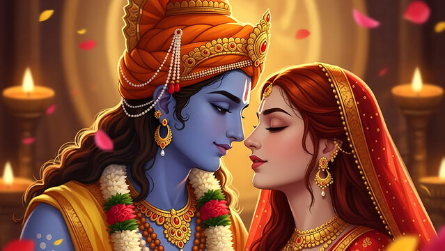 Krishna and radha in a romantic embrace